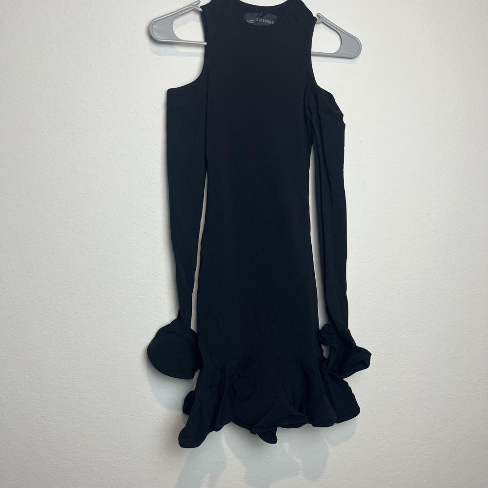 Michael Lo Sordo Dress Womens M Black Cold Shoulder Ruffle Bodycon Long Sleeve